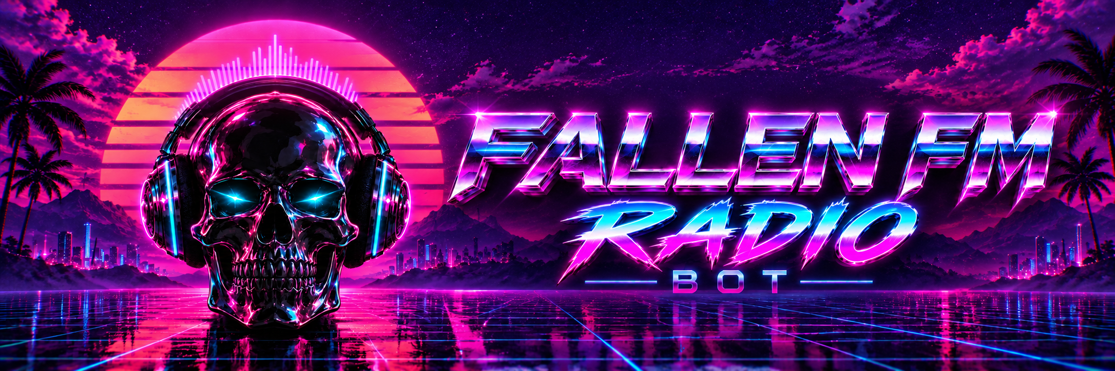 Fallen FM Radio Bot — a chrome skull in headphones beneath a neon sunset, with pink and cyan lettering over a vaporwave landscape.